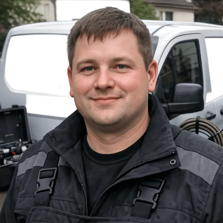 Erfahrener Servicetechniker vor dem Einsatzfahrzeug