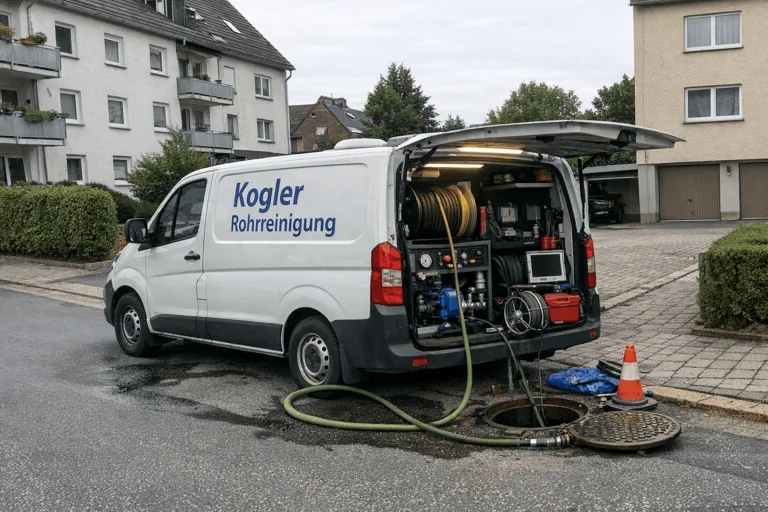 Ein kompakter Kanalreinigungsdienstwagen parkt in einem Wohnviertel in Lorenz.
