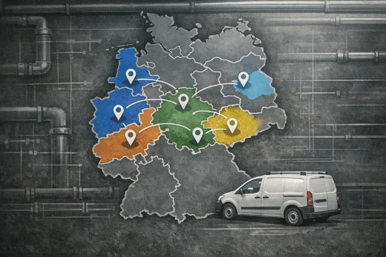 Deutschlandkarte mit markierten Servicegebieten und lokalem Techniker-Einsatzgebiet für Rohrreinigung.