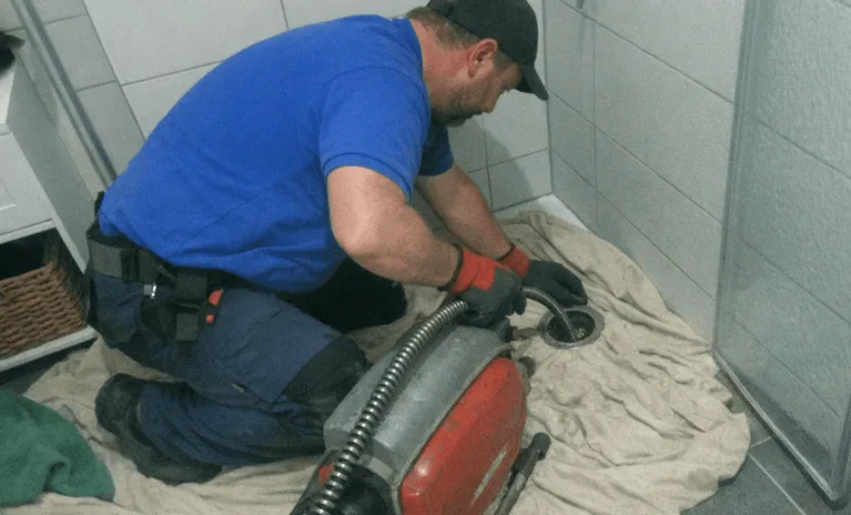 Techniker reinigt den Siphon unter dem Waschbecken im Badezimmer.