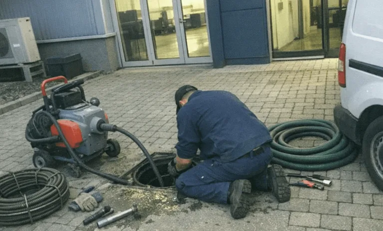 Industrieanlage mit großem Kanalschacht und Reinigungsfahrzeug auf dem Betriebsgelände
