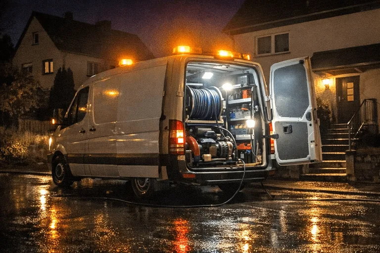 Notdienstfahrzeug der Rohrreinigung bei nächtlichem Einsatz vor einem Wohnhaus