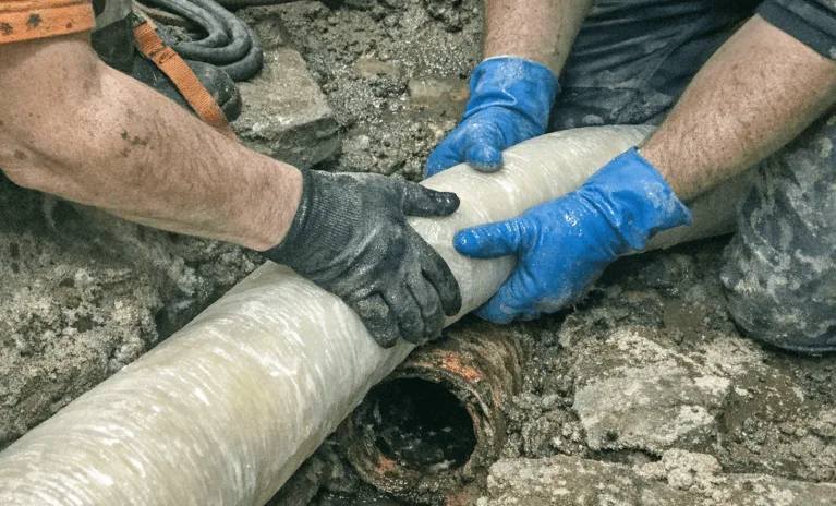 Technischer Querschnitt eines alten Rohrs mit eingezogenem Epoxidharz-Liner und neuem Innenrohr.