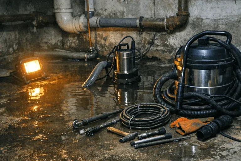 Stehendes Wasser im dunklen Keller mit Serviceschläuchen und Rohrreinigungs-Notfallequipment.