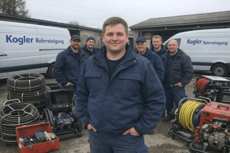 Team von Kogler Rohrreinigung vor Servicefahrzeugen im professionellen Einsatz für Rohr- und Kanalreinigung.