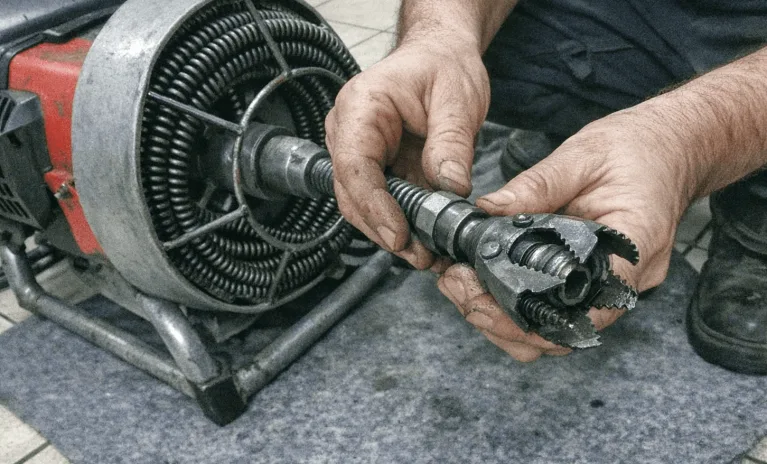 Techniker führt bei der Rohrreinigung sicher eine elektromechanische Reinigungsspirale ins Rohr ein.