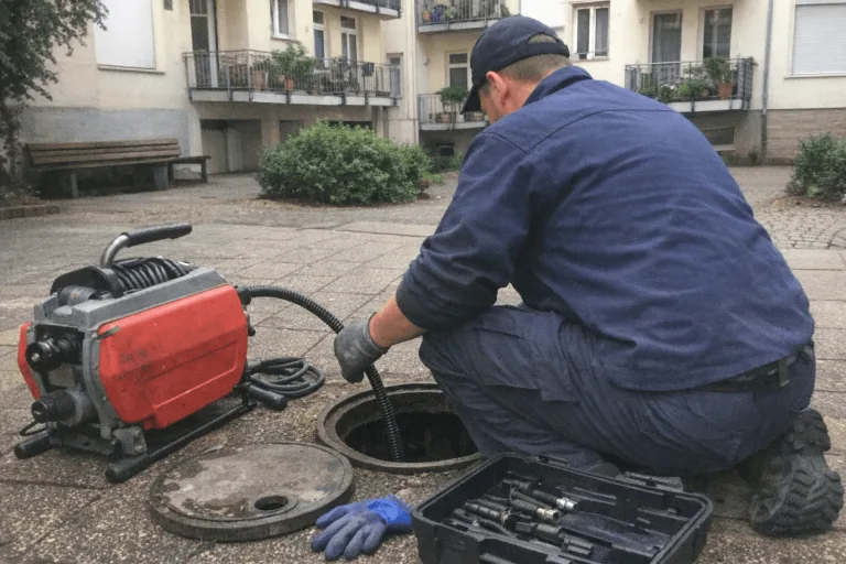 Techniker bei der Rohrreinigung an einem Abfluss vor Wohnhäusern in München.