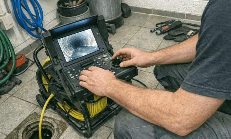 Techniker führt eine Dichtheitsprüfung am Revisionsschacht durch
