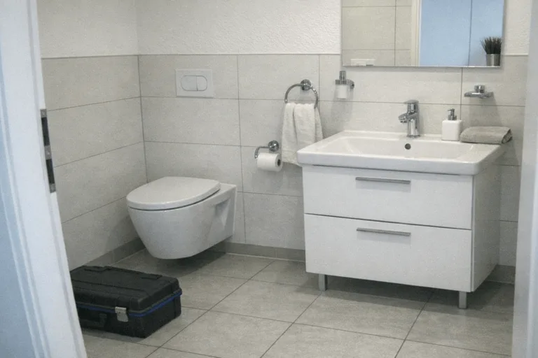 Sauberes modernes Badezimmer, Symbolbild für professionelle WC-Verstopfungsbeseitigung und schnelle Sanitärhilfe.